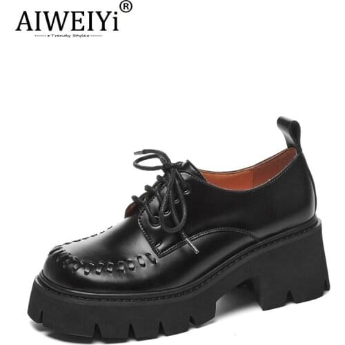 AIWEIYi Platform Shoes Women 2021 Spring New Round Toe Thick High Heels Leather Shoes Female British Style Lace-Up Shoes