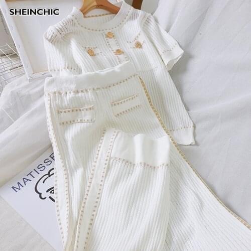 Autumn 2019 White/Black Knitted Women Two Piece Set Elegant Short Sleeve O-neck Casual Tops Shirts And Loose Pants 2 Piece Set