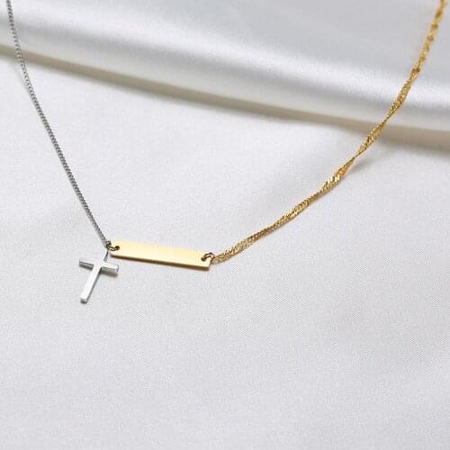 Geometric Square Pendant with Cross Chain Necklace For Women Cool Street Girl Double Colors Necklace Fashion Jewelry