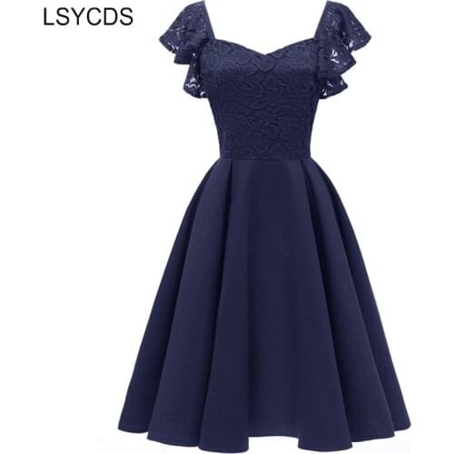 LSYCDS Elegant Ruffle Sleeve Floral Blue Lace Women Dress Sexy Backless Casual Party Dress A-line Big Swing Dress Robe Femme Ete