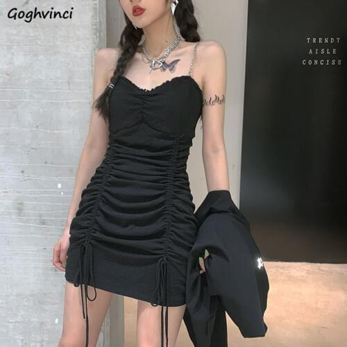 Women Sleeveless Dress Zipper Shoulder Strap Pleated V-neck Backless Female Mini Dresses Sexy Retro Korean Style Skinny Slim Ins
