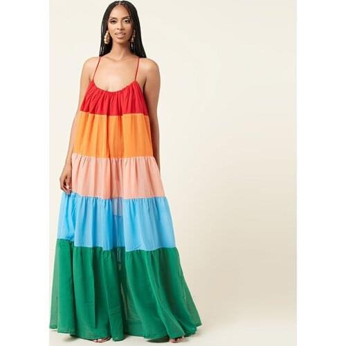 Rainbow Striped Color Block Stitching Holiday Dress Women Spaghetti Strap Low Neck Draped Dress Summer Backless Beach Vestidos