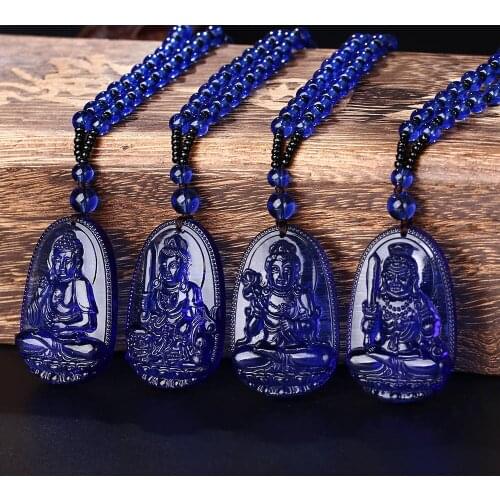 2020 Natural Blue Crystal Buddha Drop Pendant Necklace Amulet Lucky Pendant Maitreya Auspicious Necklace Jewelry for Women Men