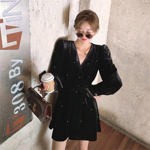 2021 New Spring Autumn Woman Dress Black Velvet Deep V Neck Pearls Sexy Mini Party Dresses Women Tunic Long Sleeve Vestidos