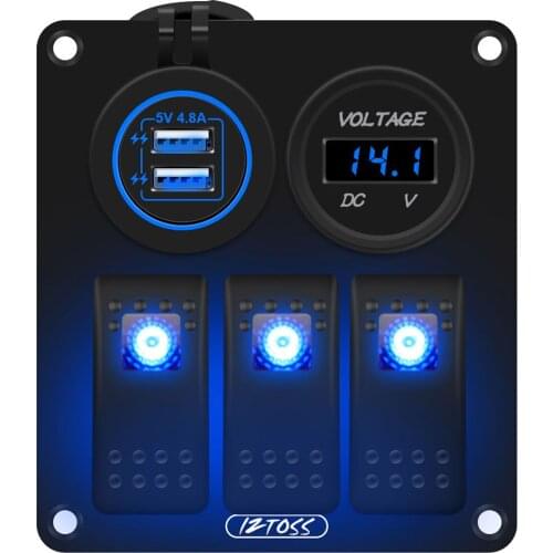 3 Gang Switch Panel with Voltmeter Dual USB Charger for Truck Marine Blue