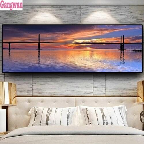 5d Diy diamond painting full drill Sunsets Sky Natural Coast Ocean Sea Bridge Landscape 3d embroidery rhinestone painting large