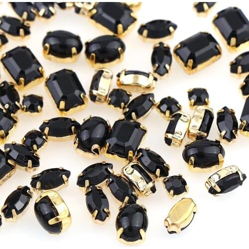 60Pcs Mixed Shape Black Resin Opal With Gold Base Copper Claw Stone Strass Diamond Stones For DIY Nail Art Decoration