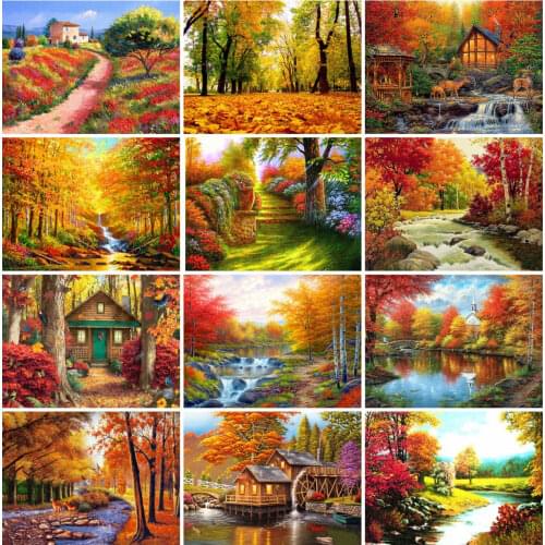 AZQSD Full Square Diamond Painting Autumn Cross Stitch 5d Diy Diamond Embroidery Tree Landscape Rhinestones Home Decor