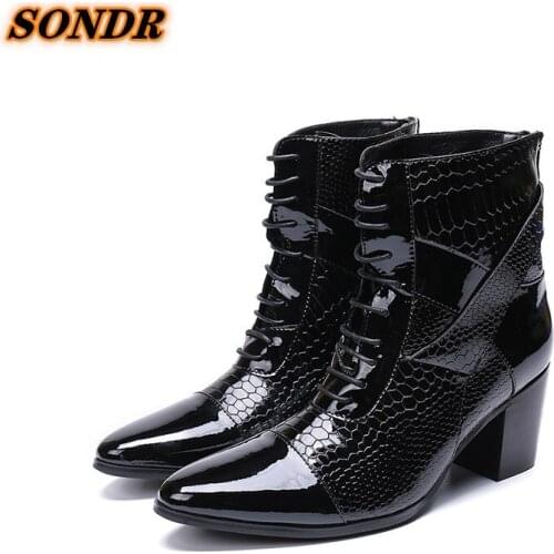 High Heels Men Genuine Leather Boots Pointed Toe Snake Skin Lace Up Ankle Boots Glitter Dress Wedding Shoes Chelsea Boots Men
