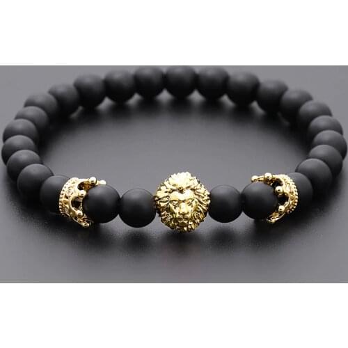 Fashion New Crown Lion Men Bracelet Classic 8mm Stone Bead Strand Charm Bracelet For Men Women Jewelry Gift