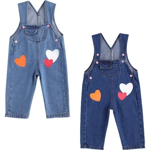 Newborn Baby Casual Suspender Denim Pants 0-12M Infants Cartoon Heart Print Loose Trousers with Pocket for Daily Life