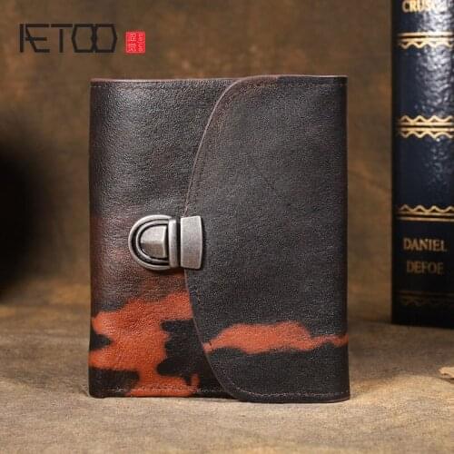 AETOO Handmade retro first layer cowhide wallet, buckle graffiti vertical style multifunctional leather wallet wipe color wallet