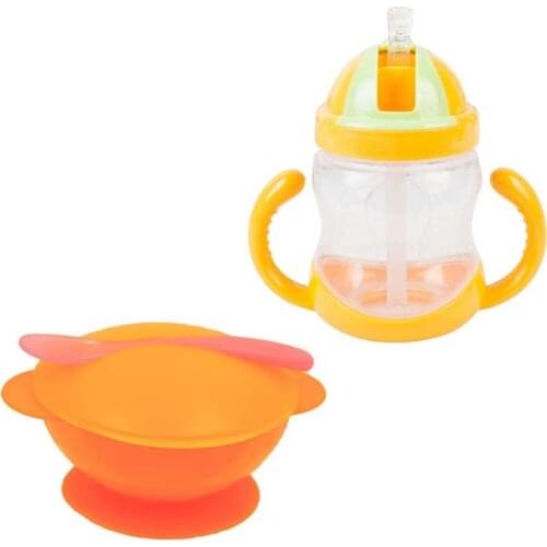 Cartoon Baby Cup Kettle Children Learn Feeding Drinking Water Bottle With Handle Cartoon 270ML Cover Kids Training Cup with Bowl
