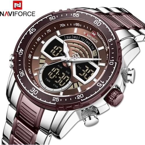 New NAVIFORCE Brown Luminous Mens Watches Business Led Digital Quartz Waterproof Chronograph Multiple Time Zon Auto Date Clock