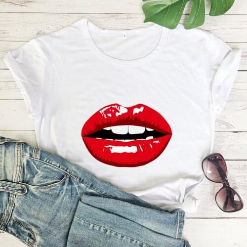 Colored Red Lips 100% Cotton T-shirt Trendy Women Makeup Tshirt Funny Girls Kissing Graphic Tee Shirt Top