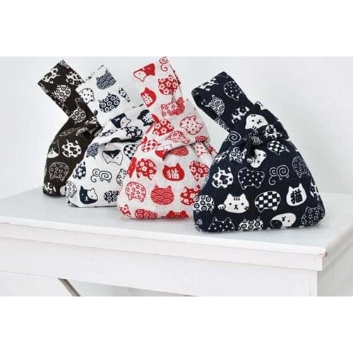 Ladies Bar Knot Handbag Japanese Style Kawai Cat Wrist Handbag Womens Coin Purse and Mobile Phone Bags