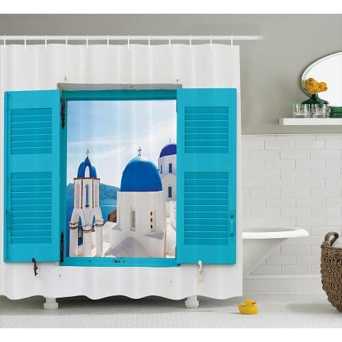 House Shower Curtain Window with View of Classical Building with Blue Domes Oia Santorini Greece Wall Decoration Curtains