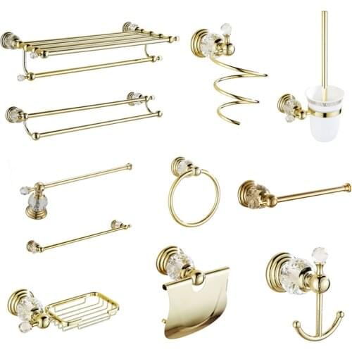 Double Towel Ring Holder Polished Gold Bathroom Accessories White Crystal Bath Decoration Bathroom Hardware Set Solid Brass