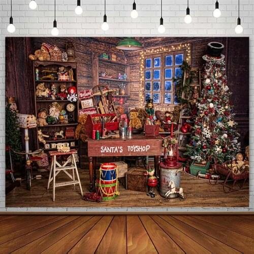 Christmas Backdrops Tree Winter Santas Gifts Shop Trojan Horse Wooden Floor Photography Background Photo Studio Props Photozone