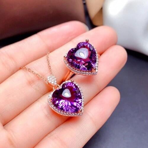 MOONROCY Purple Crystal CZ Ring and Necklace Heart Wedding Jewelry Set Silver Color Trendy for Women Girls Gift Dropshipping