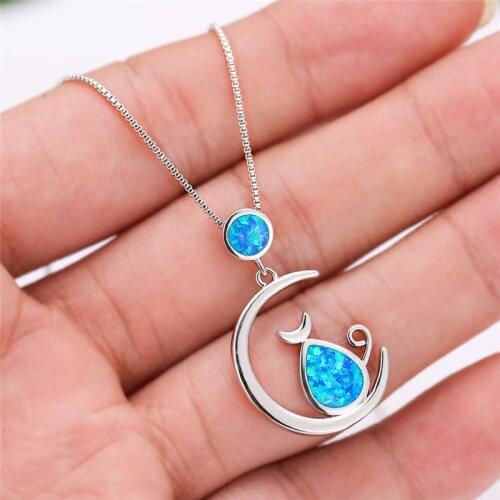 Creative Moon Pendants Cute Cat White Blue Opal Necklaces For Women Wedding Jewelry Vintage Fashion 925 Sterling Silver Necklace