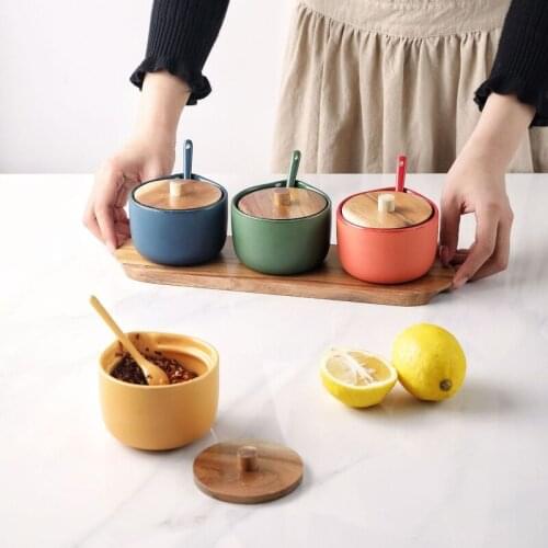 Creative Ceramic Kitchen Seasoning Box Set Salt Shaker Spice Jar with Wooden Cover and Spoons Kitchen Accessories Spice Rack