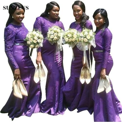 Lace Long Sleeves Purple Bridesmaids Dresses African Women Long Mermaid Formal Dress Elegant Satin Wedding Party Gowns