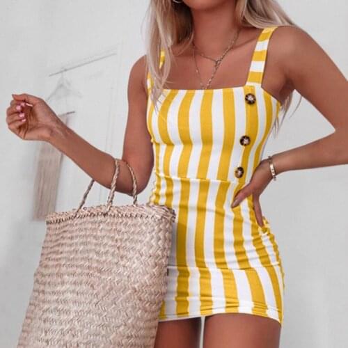 Summer Womens Sexy Dresses Vintage Casual Striped Ladies Button Sleeveless Mini Dresses O-Neck Backless Party Streetwear Beach