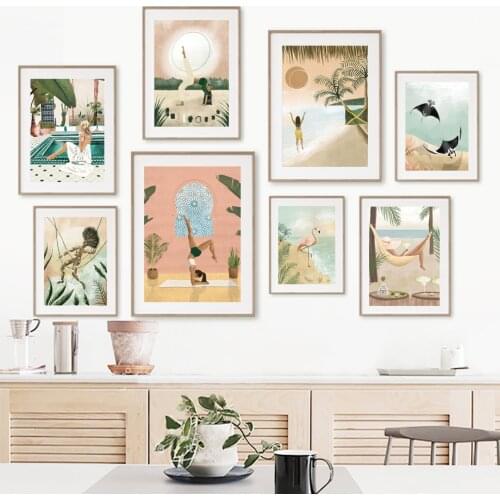 Morocco Woman Swing Yoga Flamingo Boho Wall Art Canvas Painting Nordic Posters And Prints Wall Pictures For Living Room Decor