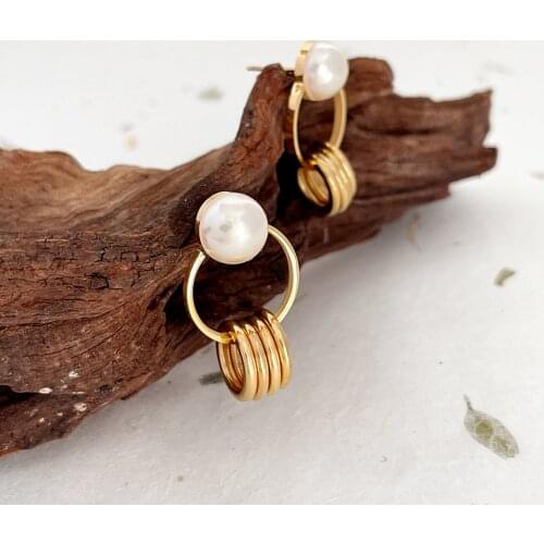 Monlansher Geometric Double Circle Drop Earrings Titanium Steel Metal Earrings with Imitation Pearl Minimalist Earrings Jewelry