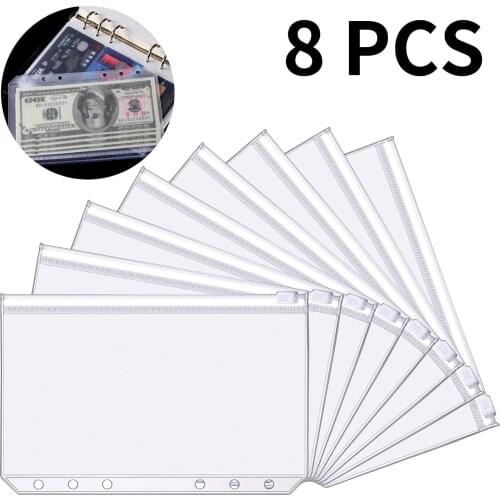 8 Pack A6 Size 6 Holes Binder Pockets Plastic Binder Zipper Folders Waterproof Loose Leaf Bags for Documents Notebooks Cards