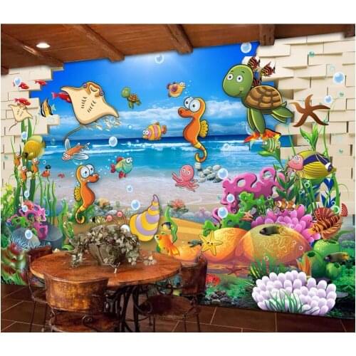 Custom mural photo 3d room wallpaper Brick Wall Underwater World Cartoon Fish picture 3d wall murals wallpaper for wall 3 d
