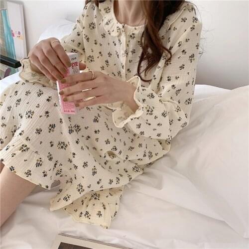 Soft comfortable cotton nightgowns women long sleeve ruffles floral print sleepdress pater pan collar homewear midi dress Y309
