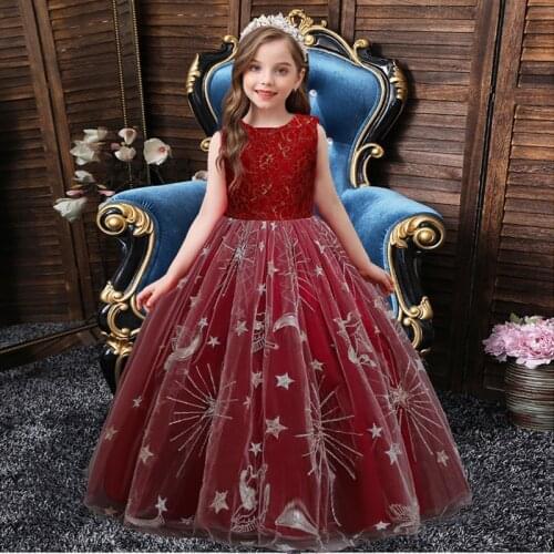 2021 New Lace Embroidered Sleeveless Star Mesh Little Girl Princess Long Dress For Girls Catwalk Show Host Dress Evening Dresses