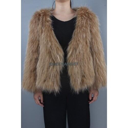 New Arrival 100% Real Raccoon Fur Coat Full Sleeve Knit Raccoon Fur Jacket With Pocket Women V Collar Overcoat