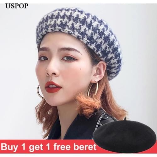 USPOP New fashion wool berets winter women thick beret plaid soft wool hats painter hat