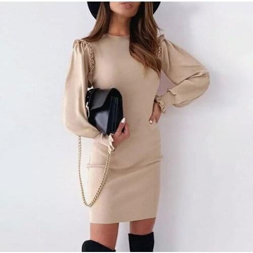 Autumn Sexy Slim Dress Woman Winter New Fashion Casual Black Red O-neck Ruffles Long Sleeve Mini Dresses For Women Robe Femme