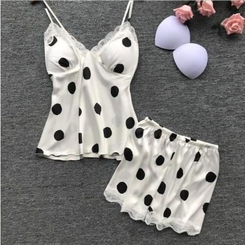 Pajamas Womens Tank Top Shorts Two Piece Suit Lace Thin Sweet Cute Sexy Silk Leisure Tops