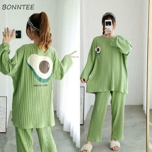 Pajama Sets Women Plus Size 4XL Cartoon Kawaii Round Neck Long Sleeve Loose Home Wear Sleepwear Soft Korean Style Students Chic