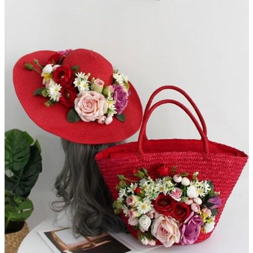 Flower Straw Beach Bag Women Fashion Summer Tote Multicolor Artificial Rose Lily Attached Rattan Handbag Hat Suit Vacation