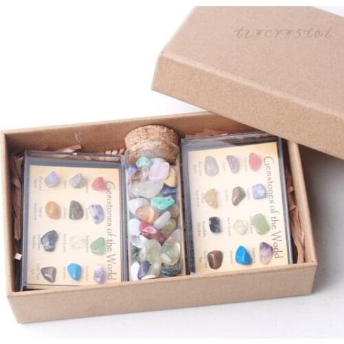 Natural Polished Gemstone Specimen Crystal Box and Gravel Glass Bottle Set