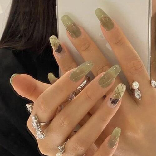 24pcs/Box Clear Matcha Green False Nails with Butterfly Design Square Head Nail Tips Detachable Manicure Patches Press On Nails