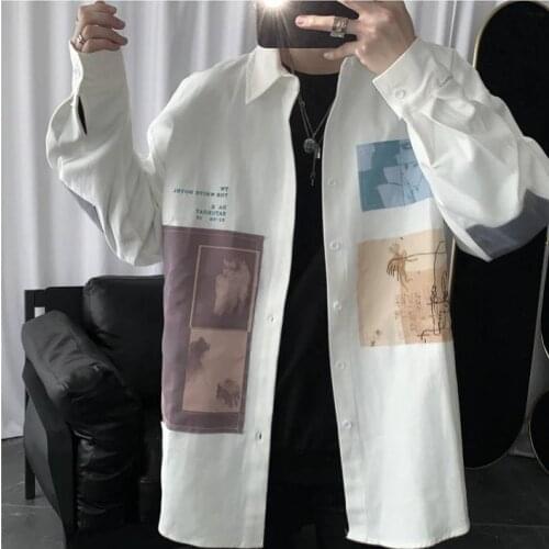 Spring Patchwork Cotton Shirts Men Casual Hip Hop Shirt Streetwear Long Sleeve Casual Slim Fit Shirts Fashion High Street Tops