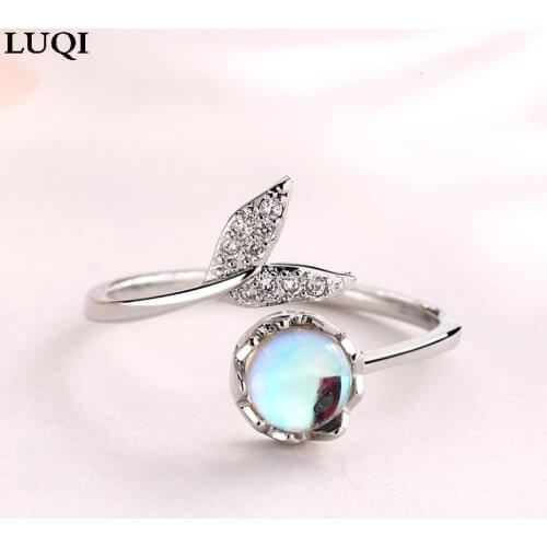 S925 Silver Mermaid Tail Moonstone Fashion Fine Beauty Open Ring HR68