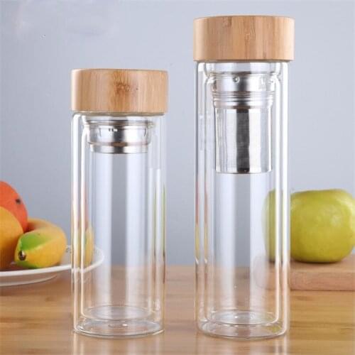 350/450ml Double Wall Glass Water bottles With stainless Steel filter and bamboo lid Tea Infuser glass drink bottle
