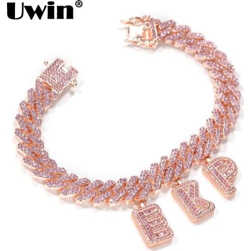 Uwin Fashion Jewelry DIY Baguette Letters with 12mm Rose Gold S-Link Miami Cuban Necklace Pendants Anklets Charms Hiphop Jewelry