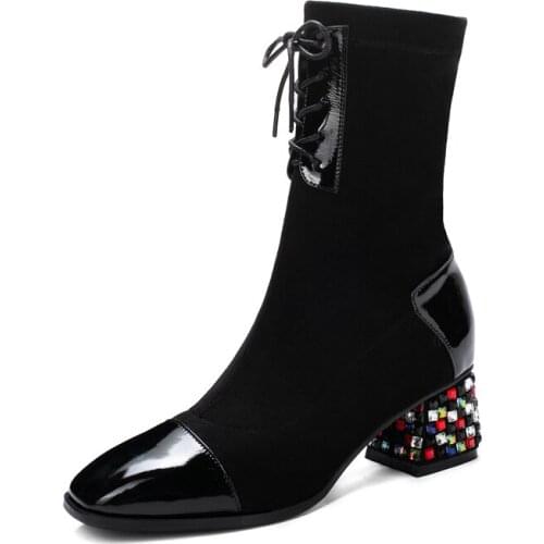 Fashion Ankle Elastic Sock Boots Chunky High Heels Stretch Women Autumn Sexy Booties Pointed Toe Women Pump Size34-43