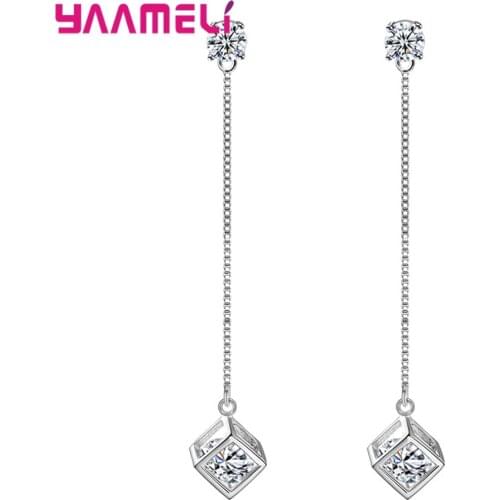 Women Gilrs Fashion AAAA Cubic Zirocnia Long Tassel Earrings 925 Sterling Silver Ear Line Square Pendant Earrings Wholesale