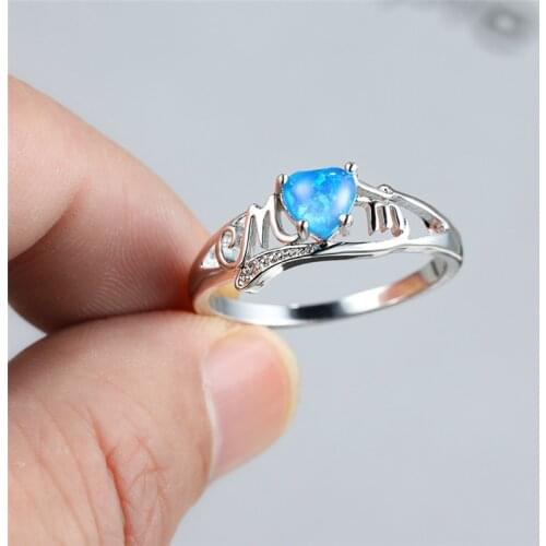 Female Classic Hollow Mom Ring White Blue Purple Opal Heart Stone Rings For Women Charm Silver Color Thin Ring Mothers Day Gift