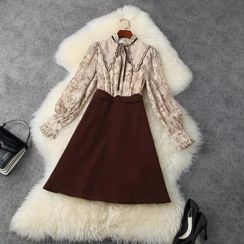 2021 new Runway sexy spring womens High waist short dress Ruffle Print stitching dress lady club Slim lantern sleeves Dresses